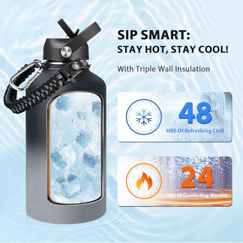 Image of One Gallon Insulated Water Bottle, Triple Wall 128 oz Stainless Steel Wide Mouth Water Bottles (Cold for 48 Hrs), Leak Proof, Non-BPA, Large Water Flask Jug with Paracord Handle & Straw Spout Lids