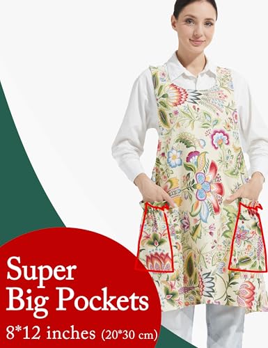 Image of Cozy Adjustable Cross Back Aprons for Women with Pockets Cotton Linen Cooking Kitchen Baking