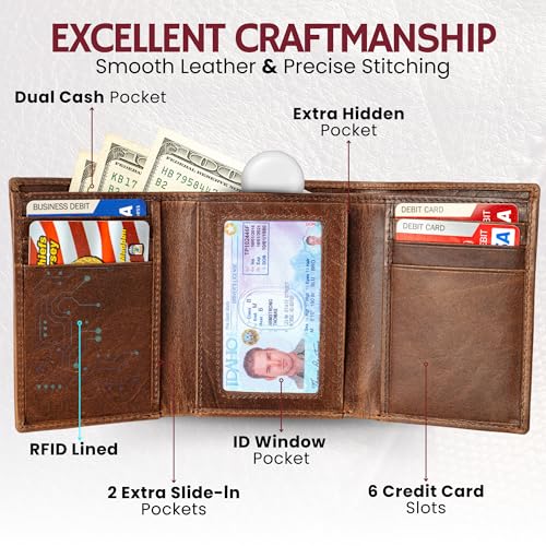 Image of BULL GUARD RFID Genuine Leather Trifold Wallets for Men ID Window, Secret Pocket, With NO Logo - Wilderness Brown, 3.25 x 4.25, Classic