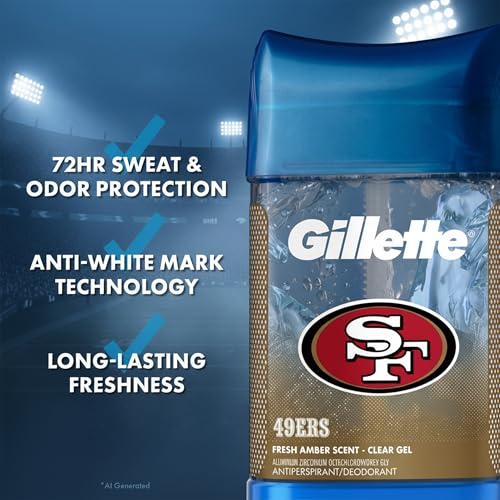 Image of Gillette San Francisco 49ers Antiperspirant and Deodorant, 72hr Instant Sweat & Odor Protection, Long Lasting Freshness & Protection, Anti-White Mark Technology, Clear Gel, Fresh Amber Scent, 3.8 oz