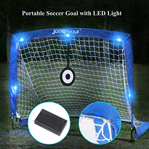 Jogenmax Portable Kids Soccer Goal, Pop Up Goal Nets With Led Lights,Set Of 2, With Agility Training Cones, Aim Target And Carry Case Gift For Kids Teen Boy & Adults Size 4‘X3’(Blue) #TOP1