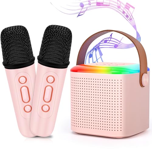 Mamowla Karaoke con Microfono Wireless Bambini, Microfono Karaoke Giocattoli con 2 Microfoni Wireless Bluetooth, Microfono Wireless Karaoke con Luce LED Portatile per Principianti/Bambini, Rosa