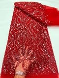 Shiny Sequins French Tulle Net Lace Fabric for Wedding Dress Ladies Gown 5 Yards Per Lot (Red,5 Yards)