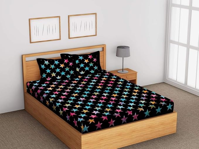100% Cotton Double King Size Bedsheet Set with 2 Pillow Covers, Black with Colorful Stars Pattern, Double Bed Size Rajasthani Jaipuri Traditional Cotton Double Bed Sheet 51