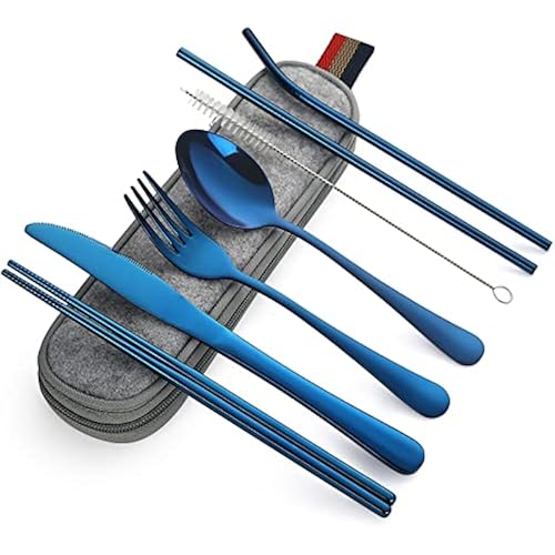 DEVICO Portable Utensils, Travel Camping Cutlery Set, 8-Piece including Knife Fork Spoon Chopsticks Cleaning Brush Straws Portable Case, Stainless Steel Flatware set (Blue)