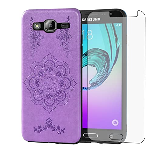 Compatible with Samsung Galaxy J3 2016/J 3 V/J36V/Sky/Amp Prime Case and Tempered Glass Screen Protector Thin Slim TPU Flower Cell Phone Cover for Glaxay Sol J3V JV3 J36 6 J320V J320A Women Men Purple