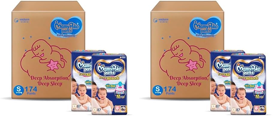 Image of MamyPoko Pants Extra Absorb Baby Diapers, Small (S), 174 Count, 4-8 kg (Pack of 2)