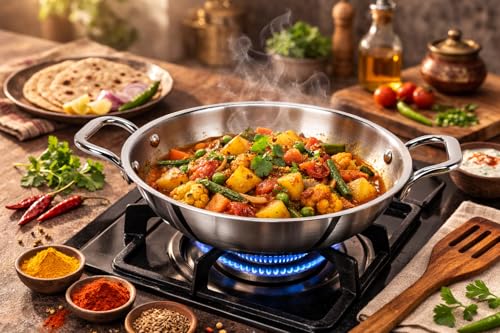 Image of Triply Stainless Steel Kadhai,Kadai for Cooking, Stainless Steel Cookware Triply Kadai, Induction & Gas Stove Compatible (2.2l /22cm)