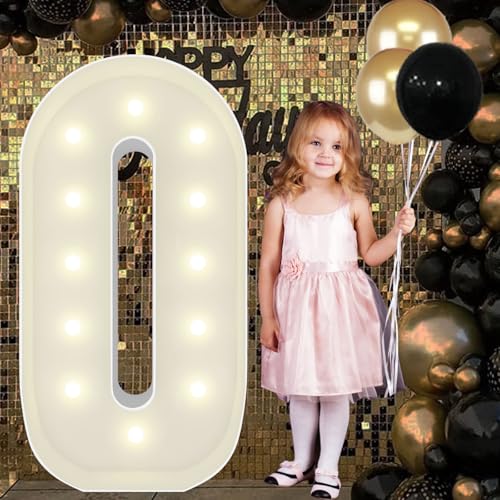 4FT Marquee Light Up Number Pre-Cut Frame Giant Marquee Numbers 0, Mosaic Numbers for Balloons, 20th 30th 40th 50th 60th Birthday Anniversary Decorations Party Decor