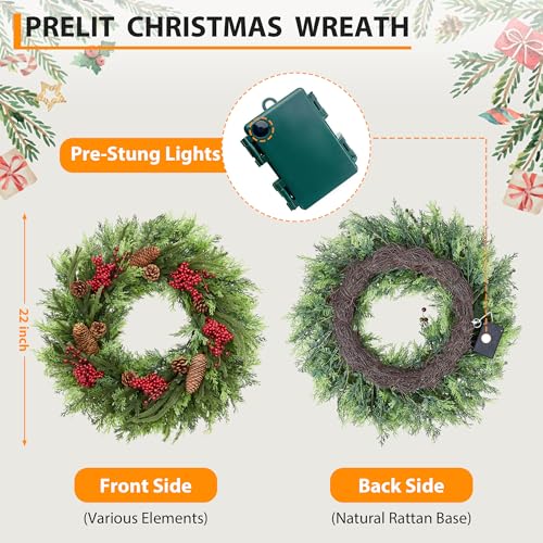Garvee Christmas Wreath with Lights, 22 Inch Artificial Christmas Wreaths for Front Door, Battery Operated Xmas Wreath with Pine Cone and Berries, Christmas Decorations for Windows, Wall, Mantel