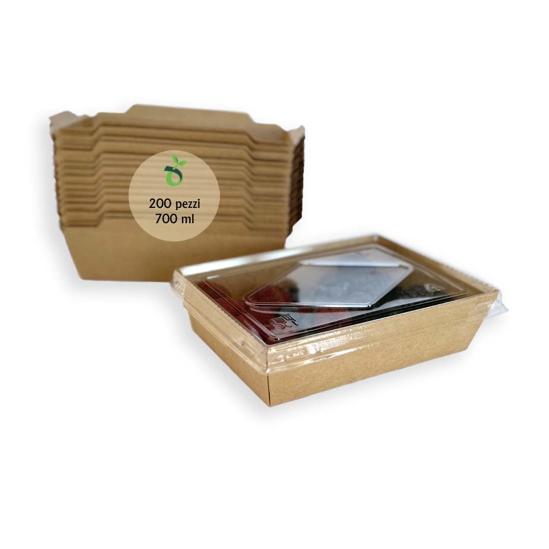 Lanchbox in Carta Kraft con Coperchio Trasparente 700 ml - Confezione da 200 Pezzi | Scatole per Alimenti da Asporto, Contenitori Monouso per Cibo, Scatole Ecologiche