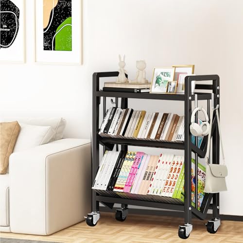 Taotigzu Mobiles Bücherregal, 3 Ebenen, mit Rad, mobiler Bücherregal, Trolley, Metallroller, Organizer für Dokumente für Kinder, Studenten