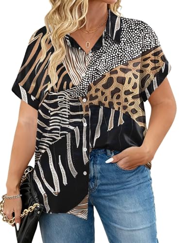 Image of Plus Size Summer Clothes 3X Casual Short Sleeve Button Down Blouses Fashion T Shirts Leopard Print YH007