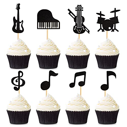 Unimall Global Lot de 24 décorations de cupcakes à paillettes en forme de guitare, piano, violon, batterie de décoration de gâteau pour fête d'anniversaire, baby shower, mariage Polychromatique