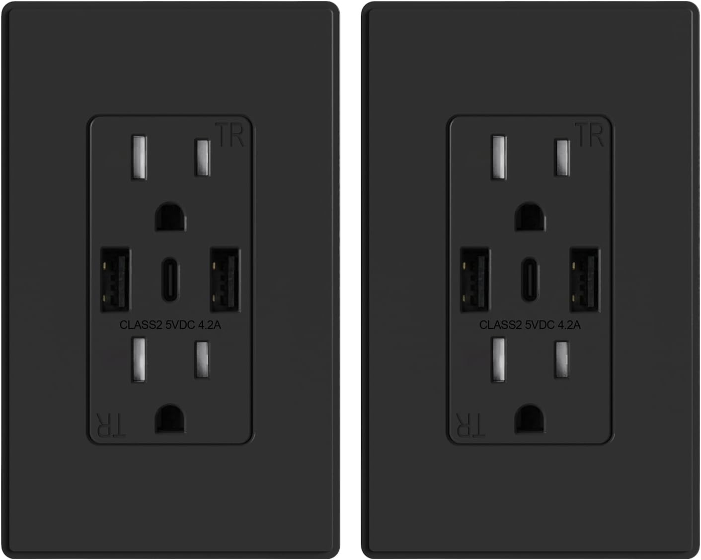 ELEGRP 3-Port USB C Wall Outlet Receptacle, Matte Black 15 Amp With USB Ports, TR Tamper-Resistant, Screwless Wall Plate Included, UL & CUL Listed, 2 Pack