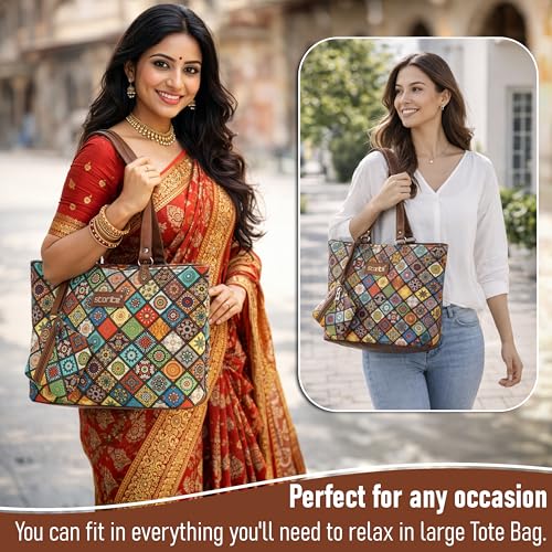 Image of Storite Women's Tote Bag with Leather Handles & Embroidery Printed Handbag with Zip Pockets, Shoulder Tote Bag and Handbag for Office and College