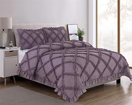 HIG 3 Piece Comforter Set King-Purple Color Poly-Cotton Diamond Pinch Pleat Scallop Fringe -Kanta Bedding Collection King Size-Soft, Hypoallergenic,Fade Resistant-1 Comforter,2 Standard Shams