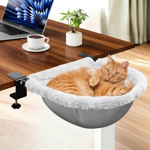JinxZap X-Large Cat Desk Bed | 19x15 Spacious Retreat Dual Clamps & Sunken Hammock Design Comfy Cat Desk Hammock with Faux Rabbit Fur Cover Removable & Washable Holds Up to 40lbs