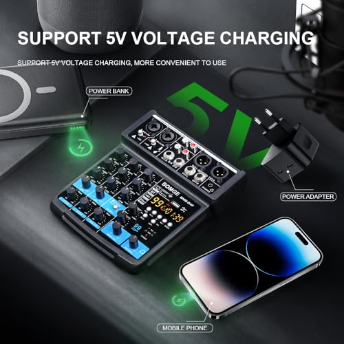 Image of BOMGE 4 Channel mini DJ Audio Sound Mixer Interface with MP3 USB Bluetooth Stereo Recording 48V Phantom Power 99 DSP for karaoke, performance, church singing podcas streaming
