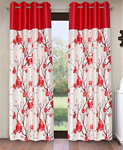 Image of Fashion String 2 Pieces Solid Patch 3D Tulip Eyelet Polyester Door Curtains - 7 Feet, Red