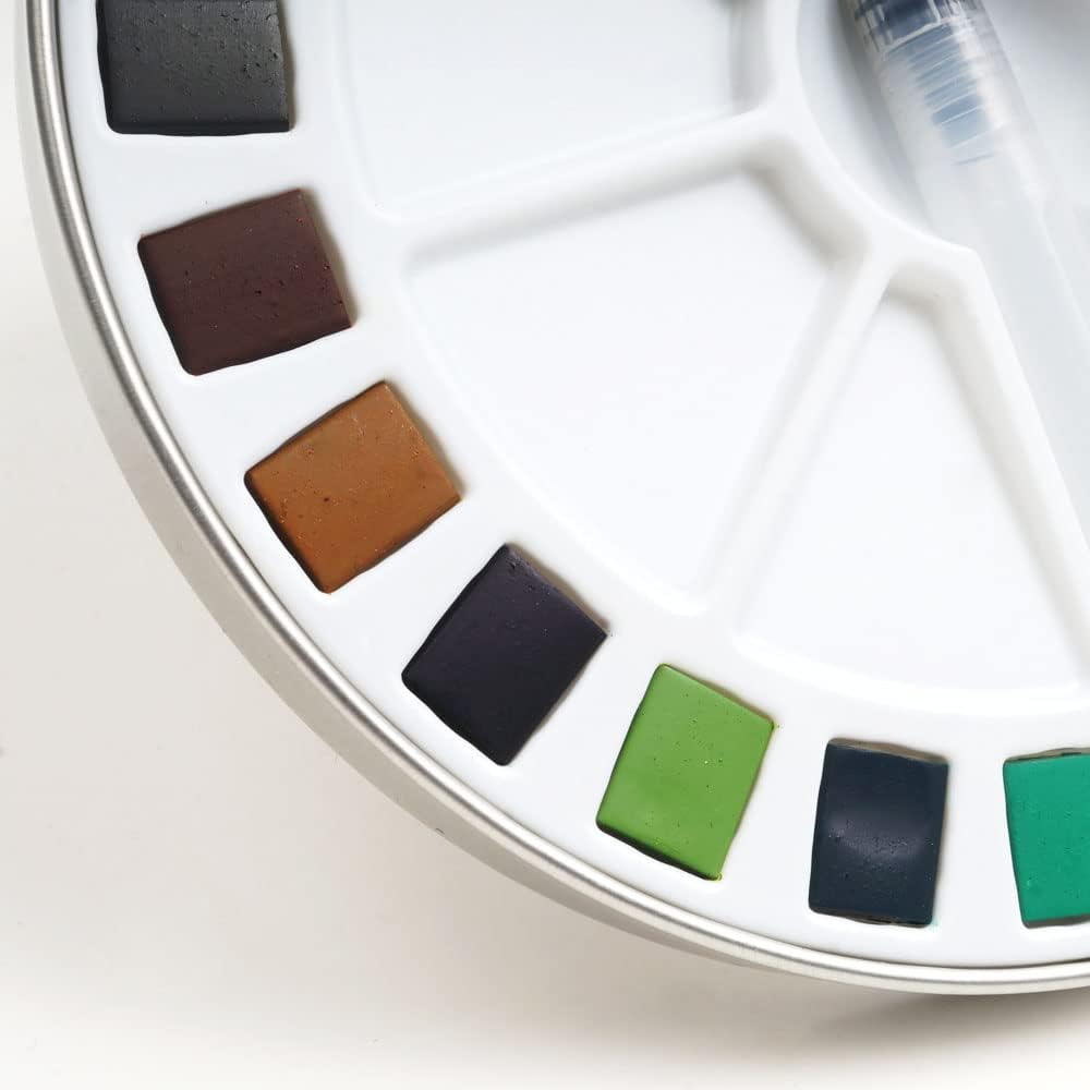 Pébéo - Fine Watercolour Metal Round Box 24 Half Buckets - Pébéo Watercolour Painting Box - Watercolour Palette Kit 24 Half Buckets & 1 Pocket Brush