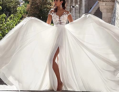 Chiffon Wedding Dresses for Bride 2023 with Train Long Lace Appliques Split Sheer Beach Bridal Gowns for Women White 10 - Thumbnail 3