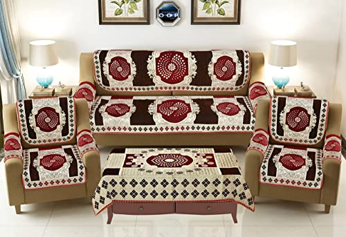Image of SAWNA Homes 5 Seater Sofa Cover with Centre Table Mat | Chenille & Jackquard Sofa Panel 16 Pcs Set with Arm Cover 3+1+1 | 3+2 Seater Couch Cover for Living Room, Mehroon