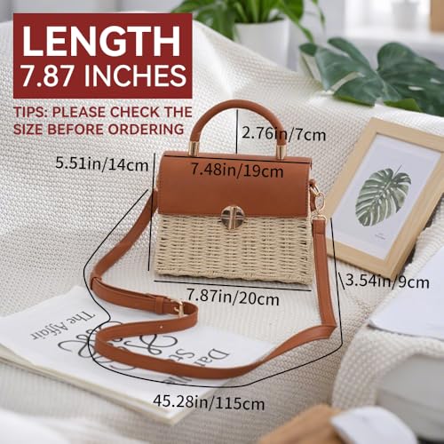 Women Straw Beach Bag, Small Retro Crossbody Shoulder Bag Rattan Purse Top Handle Square Handbag3