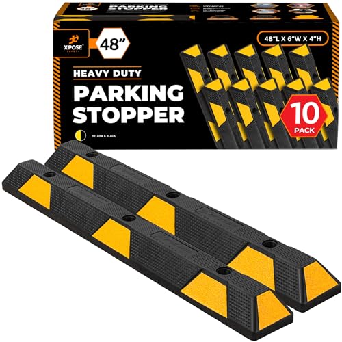 Image of Xpose Safety 48 inch Heavy Duty Rubber Parking Stopper (10 Pack) - Wheel Stops, Parking Lot Bumpers & Rubber Parking Curb for Garage, Driveway or Ramp - Car Bumper Stops with Yellow Reflective Strips