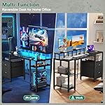 Furologee 61" Gaming Desk with Power Outlets & LED Lights, Reversible Computer Desk with File Cabinet & Monitor Stand for Home Office, Large Work Table with Storage Shelves & Drawer, Black - Image 4