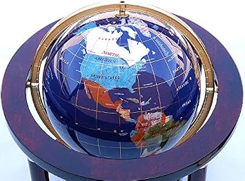 Large Table Top 15 Inch Blue Lapis Lazuli Gemstone Globe with Mahogany Stand and Clock