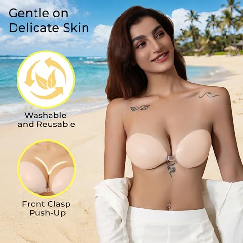 Image of Adhesive Bra Strapless Sticky Invisible Push up Silicone Bra Resuable for Backless Dress