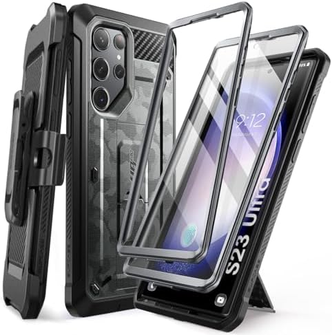 SUPCASE [Unicorn Beetle Pro] Case Designed For Samsung Galaxy S23 Ultra (2023), [Extra Front Frame] Full-Body Dual Layer Rugged Belt-Clip & Kickstand Case with Built-in Screen Protector - Camo Gray
