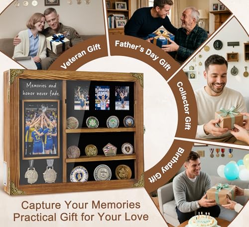 Image of Medal Display Case for Athletes, Lighted Shadow Box with Photo Frame, Wall Mount Display Holder with Removable Shelves for Medals, Challenge Coins, Memorial Gift for Achievement, Collectors, Wood