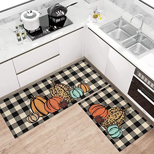 Xsinufn Fall Pumpkins Decorative Kitchen Mat Set Of 2 Piece Buffalo Plaid Rug, Seasonal Autumn Thanksgiving Harvest Holiday Vintage Low-Profile Floor Rug 17"X47"+17"X30" #TOP1