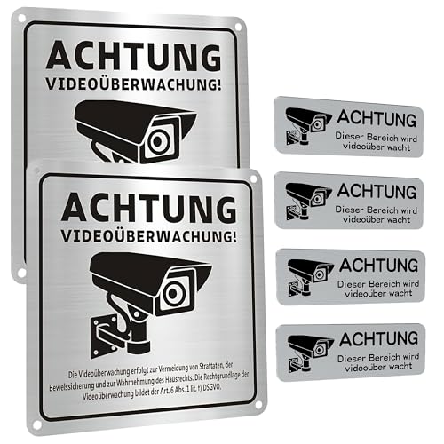 6 Stück Aluminium selbstklebende Schild Videoüberwachung Hinweisschild Videoüberwachung für Haus Büro und Geschäft Achtung Videoüberwachung Schild einfach montieren inkl. Überwachungskamera Schild