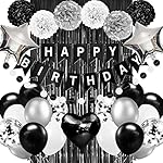 Black and White Birthday Party Decorations,Happy Birthday Decorations for Men Women Boys Girls Including Happy Birthday Banner,Fringe Curtains,Pompom Flower,Black and silver party decorations