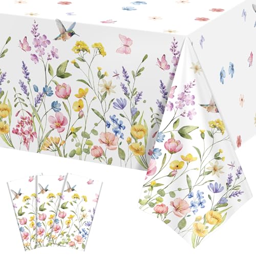 Image of NatNarr 3 Pack Wildflower Plastic Tablecloths, 54 X 108Inch Spring Tablecloth Disposable Tea Party Table Cloth, Butterfly Wildflower Porcelain Tables Decor for Tea Party Birthday Garden Wedding Party
