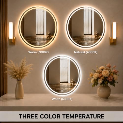 Image of 24x24 Inch Round Glass Wall Mounted LED Mirror with Smart Touch Sensor & 3 Color Lights (Warm, Cool, Natural) for Bathroom, Washbasin & Vanity