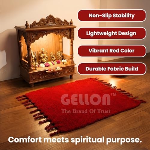 Image of Gellon Traditional Cotton Prayer Mat for Puja, Red Asan for Prayer, Sitting, Meditation, Small Carpet Mat Rug for Floor in 24 x24 Inch in Red Color