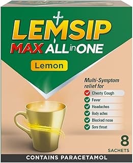 Lemsip Cold and Flu Sachets, Lemon, 8 Sachets, Headache Relief, Nasal, Chesty Cough, Sore Throat Relief, Paracetamol, Maximum Strength, Multi-Symptom Relief, Medication