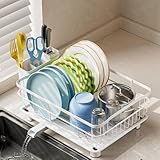 AIDERLY Iron Dish Drying Rack Auto Drain Dish Drainers Kitchen Counter Strainer with Draining Tray, All White