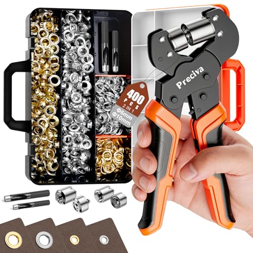 Kit de Perforation D'œillets, Preciva 6mm et 10mm Pinces à Oeillets Magnétique Kit, 400PCS Oeillets Complets Galvanisés à 2 Couleurs(Or/Argent), Mallette de Rangement Portable pour PVC, Bâche,Tissu