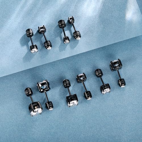 5 Pairs Square Screw Back Stud Earrings Set, Cubic Zirconia Stud Earring for Women Men Hypoallergenic 316L Surgical Stainless Steel Round Cut CZ 3-7mm3