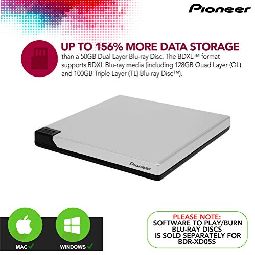 Pioneer Bdr-Xd05S Blu-Ray Player & Burner - 6X Slim Portable External Bdxl, Bd, Dvd & Cd Drive For Windows & Mac With 3.0 Usb - Write & Read On Macbook Or Pc + Includes Carry Case (Silver) #TOP2