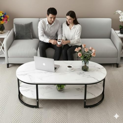 Image of Modern Large Coffee Table Center Table, Beautiful Sofa Table Simple Design - 2 Tier Nesting Coffee Table Living Room Table for Home,& Office (Black White)
