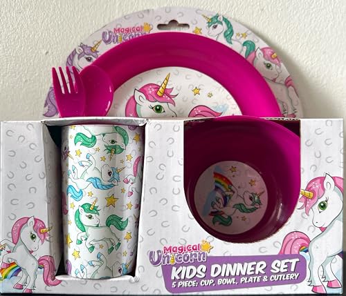 Magical Unicorn Kids Girls Dinner Set 5 Piece Cup, Bowl, Plate & Cutlery for Gift Set