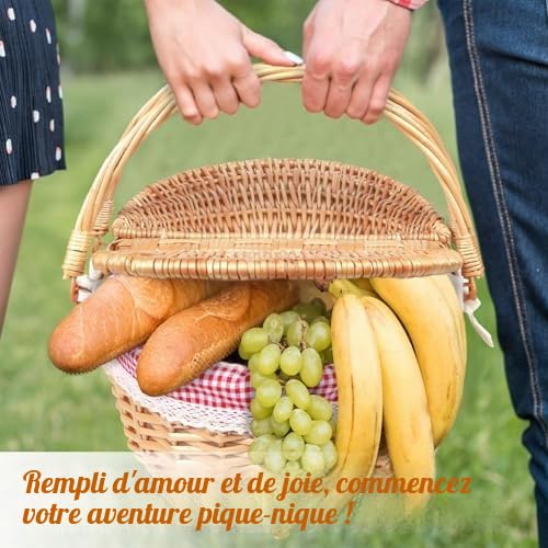 Panier De Pique-Nique en Osier Style Champêtre Panier De Camping Résistant avec Couvercle Poignée Solide Et Doublure Amovible Accessoire Pratique pour Pique-Nique Fête Barbecue Rangement Déc