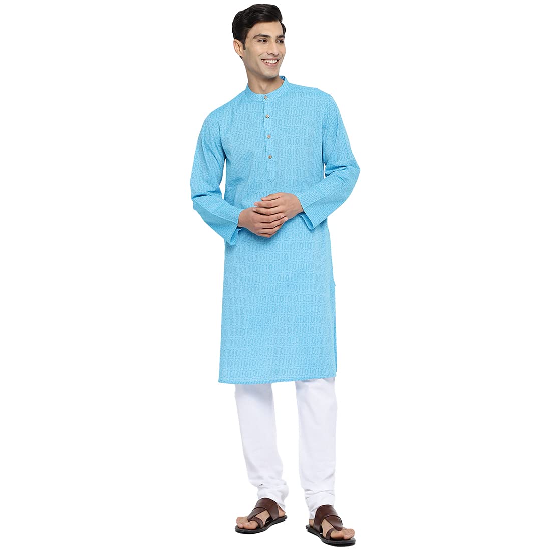 Fabindia Men's Cotton Woven Relaxed Kurta (102883202_Lightblue
