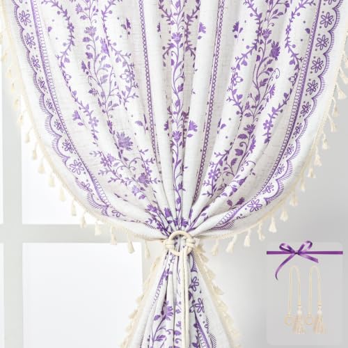 Image of Yinhua Boho Curtains for Living Room 84 Inch Length Vintage Linen Curtains for Bedroom Light Filtering Window Curtain Rod Pocket & Back Tabs Rustic Tassel Drapes with Tiebacks, White Purple